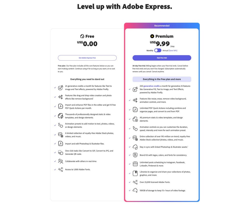 Adobe Express Pricing Plans